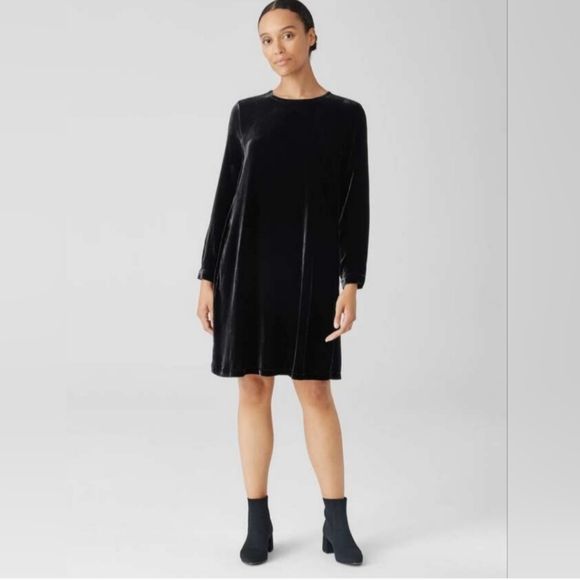 Eileen Fisher easy fit black velvet dress Hand pockets knee length New Small - Picture 1 of 5